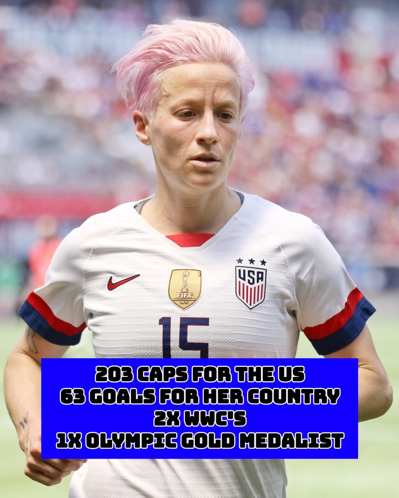 Megan Rapinoe playing for the United States, showing her stats for her country: 203 caps, 63 goals, 2 Women's World Cups and 1 Olympic Gold Medalist.